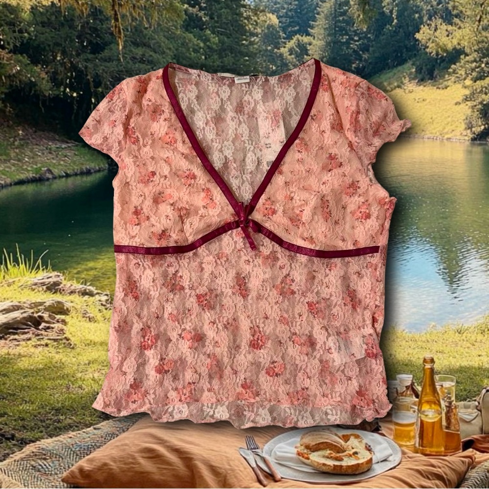 Floral Pink Fairy Lace Top with Purple Ribbon Trim baby tee by Kimchi Blue